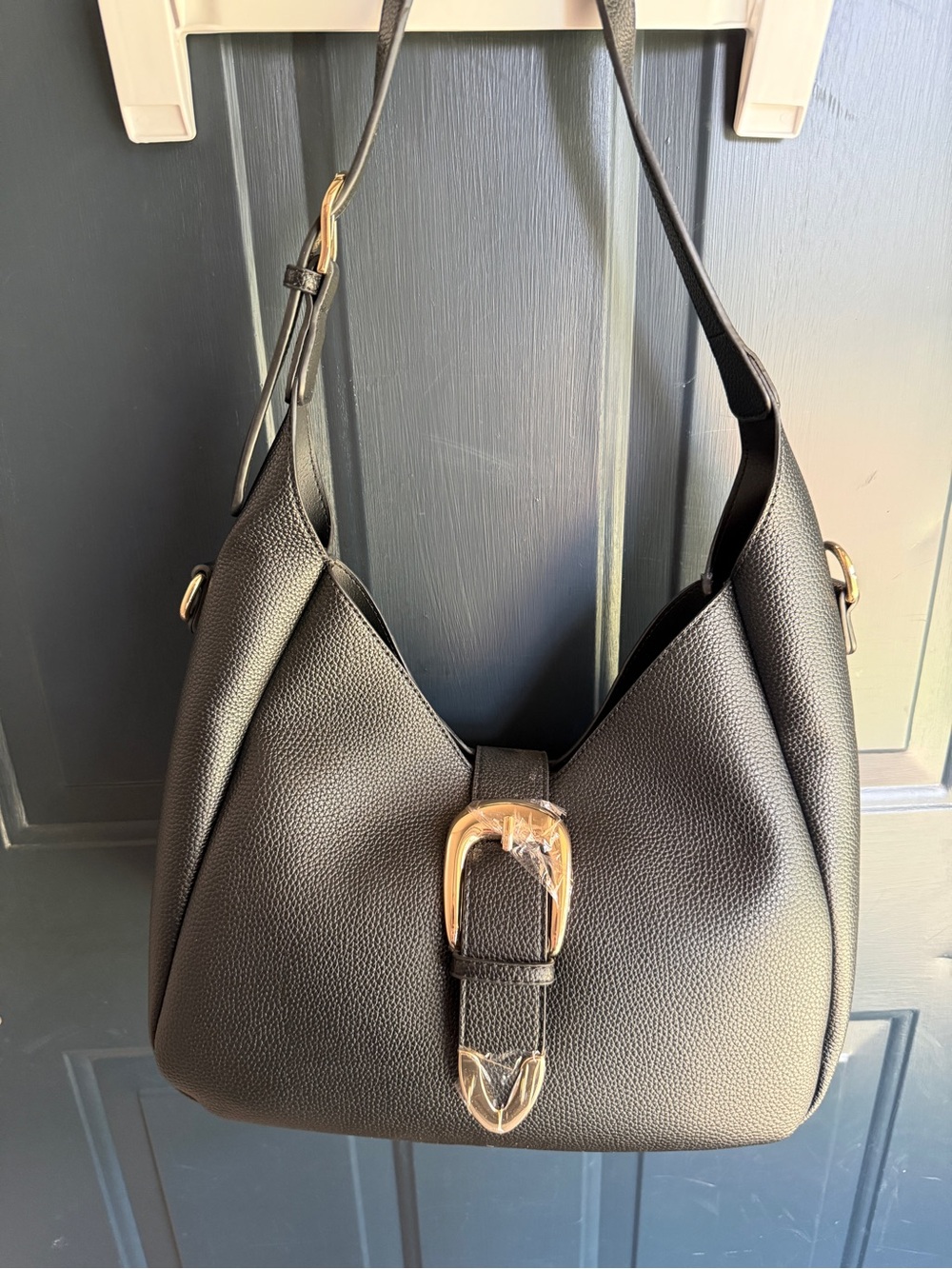 Black Faux Leather Shoulder Bag with Gold Buckle